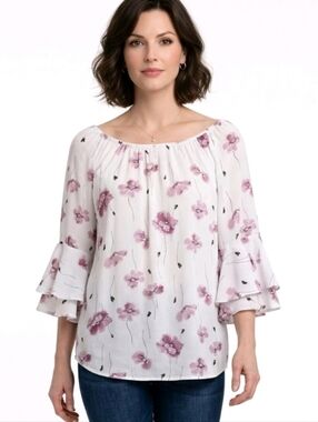 Chaps White & Pink Floral 3/4  Ruffle Sleeve Keyhole Chiffon Blouse Size M